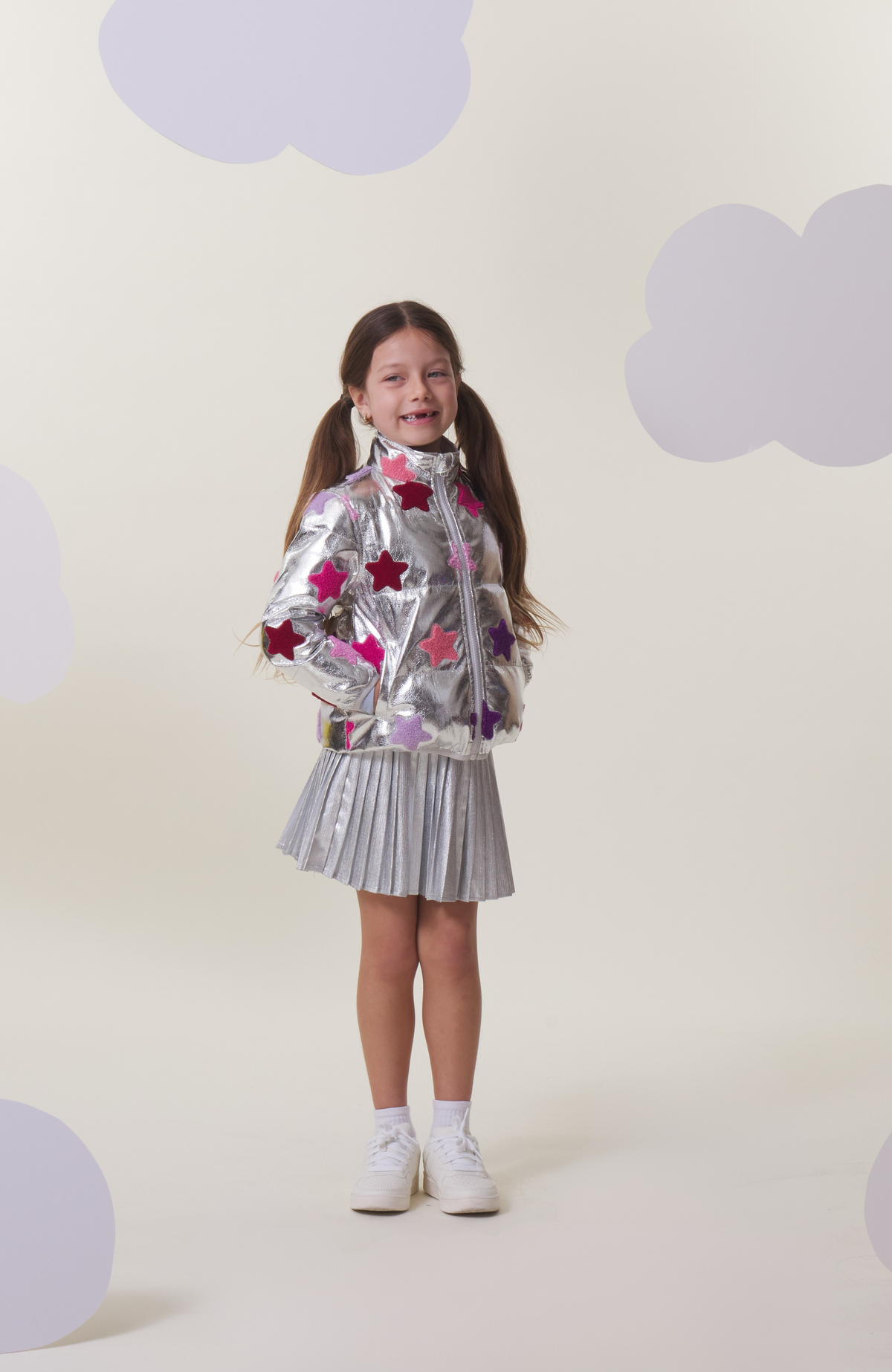 Reese Metallic Patch Puffer Jacket, Silver Stars