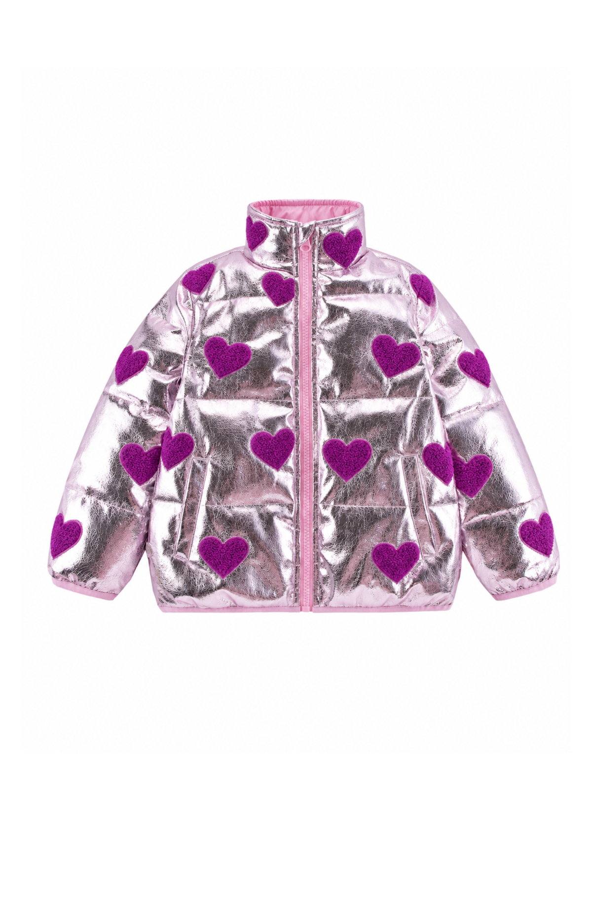 Reese Metallic Patch Puffer Jacket, Pink Hearts