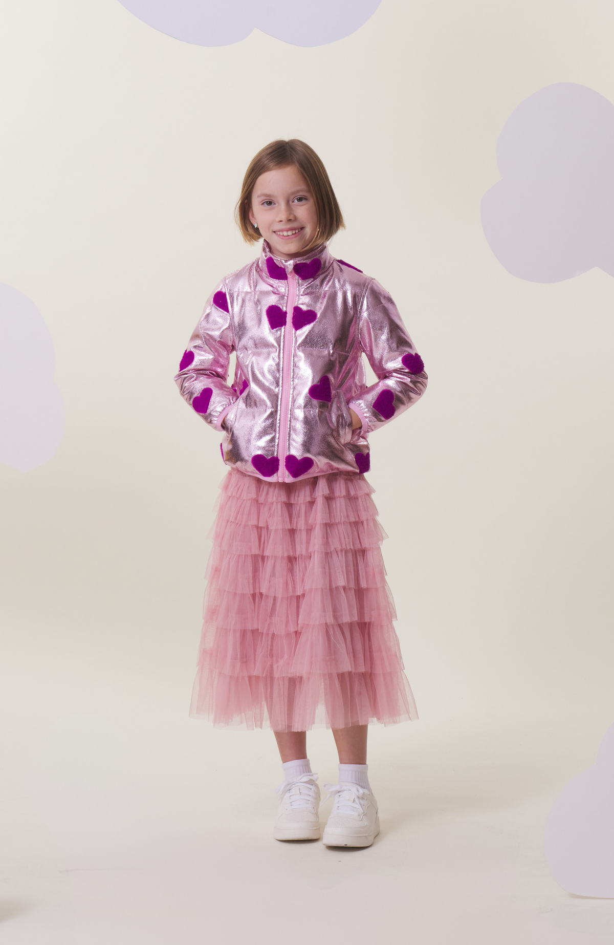 Reese Metallic Patch Puffer Jacket, Pink Hearts