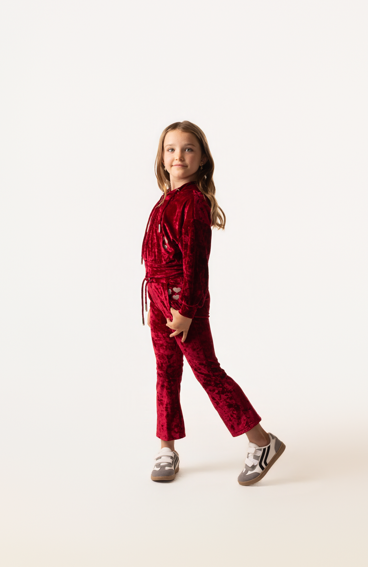 Velvet Yoga Pant with Embroidered Hearts, Red