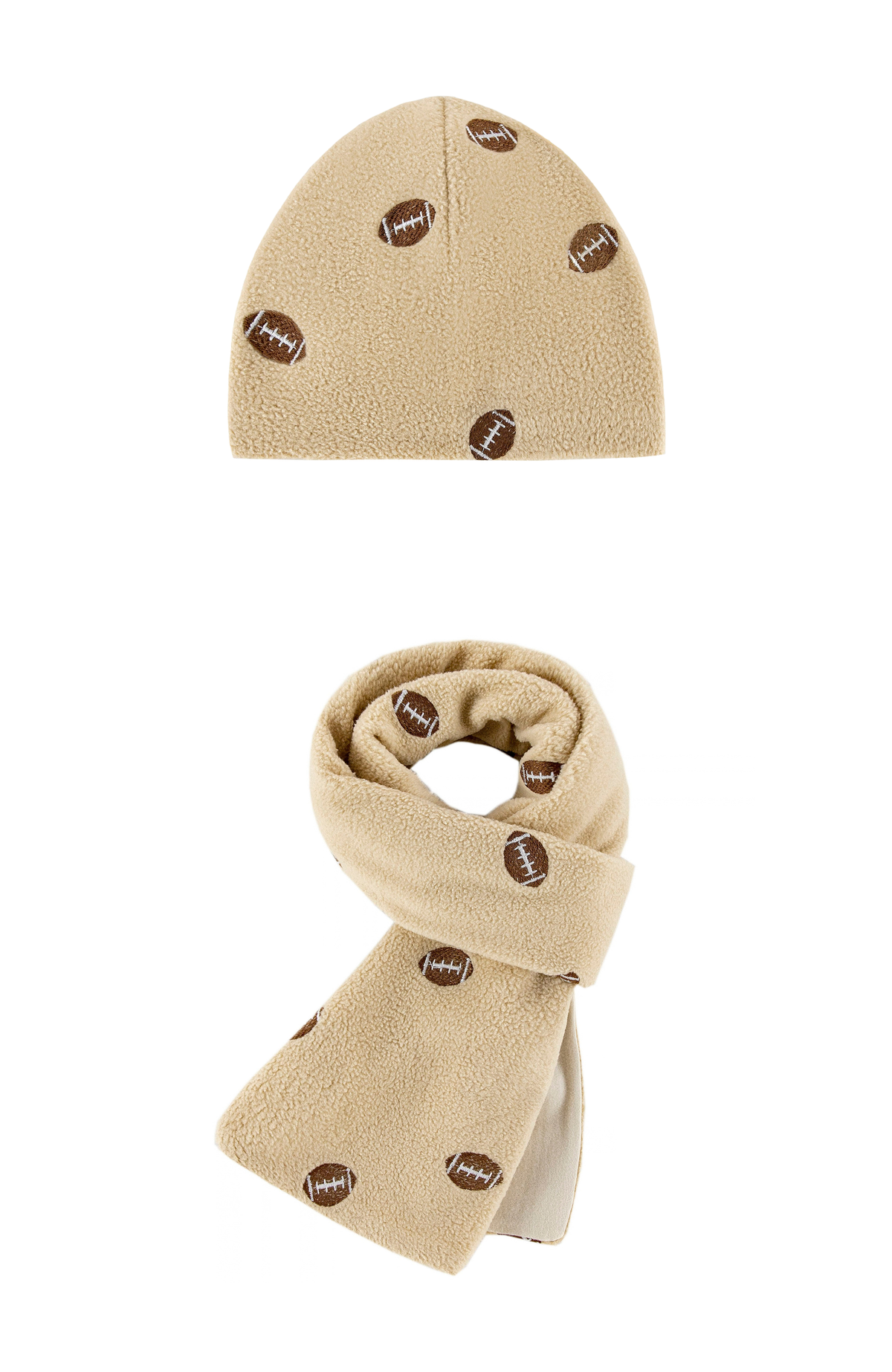 Beige Football Embroidered Scarf & Hat set