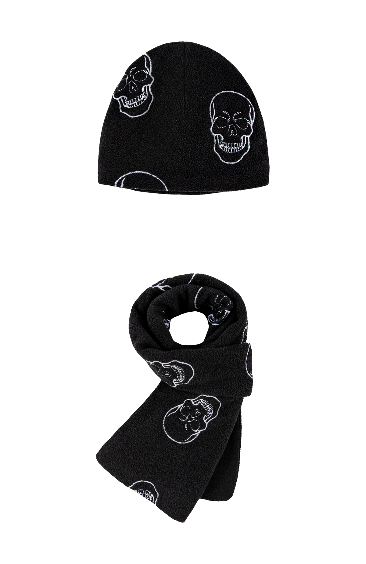 Black Skull Embroidered Scarf & Hat Set