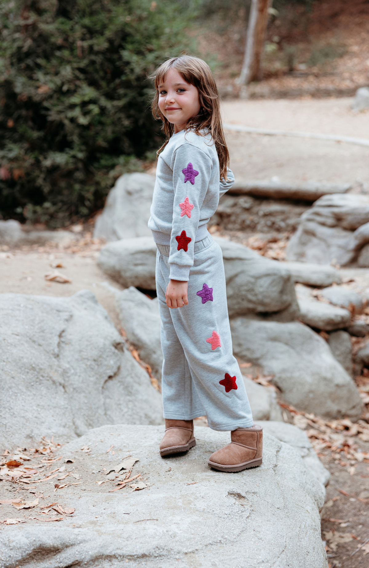 Brushed Fleece Patch Pullover Sweatshirt, Gray Stars