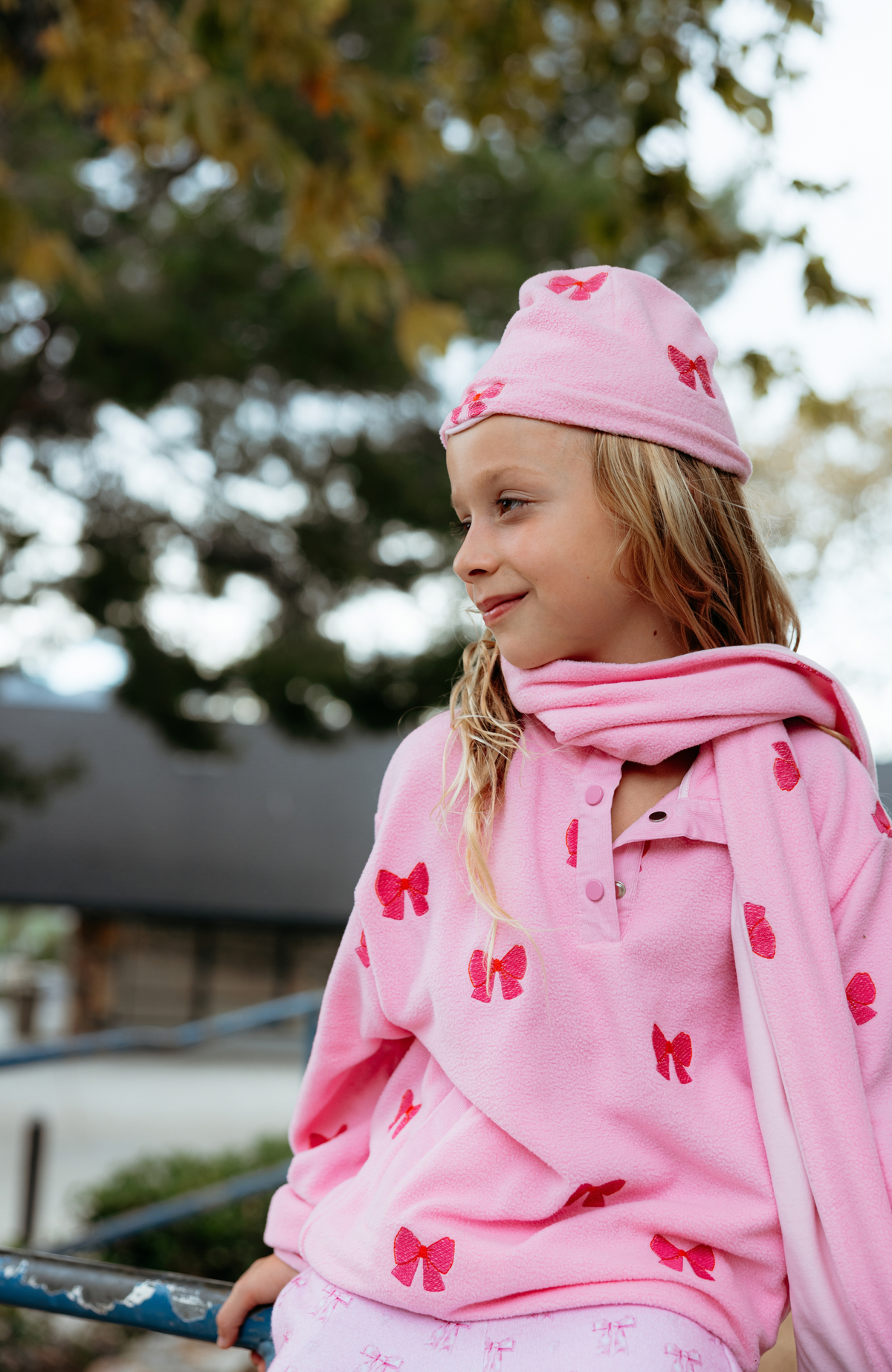Pink Bows Embroidered Scarf & Hat Set