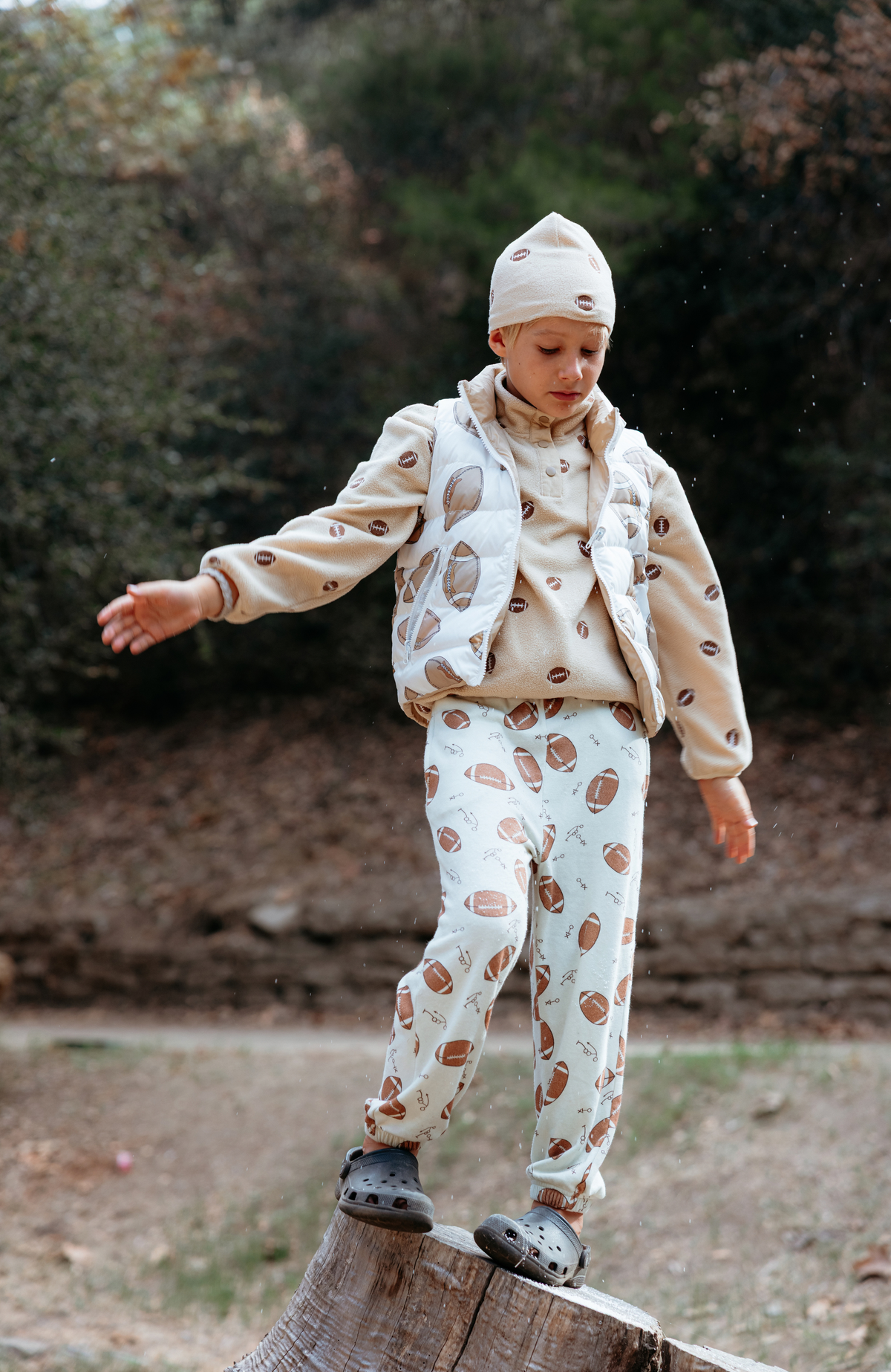 Beige Football Embroidered Scarf & Hat set