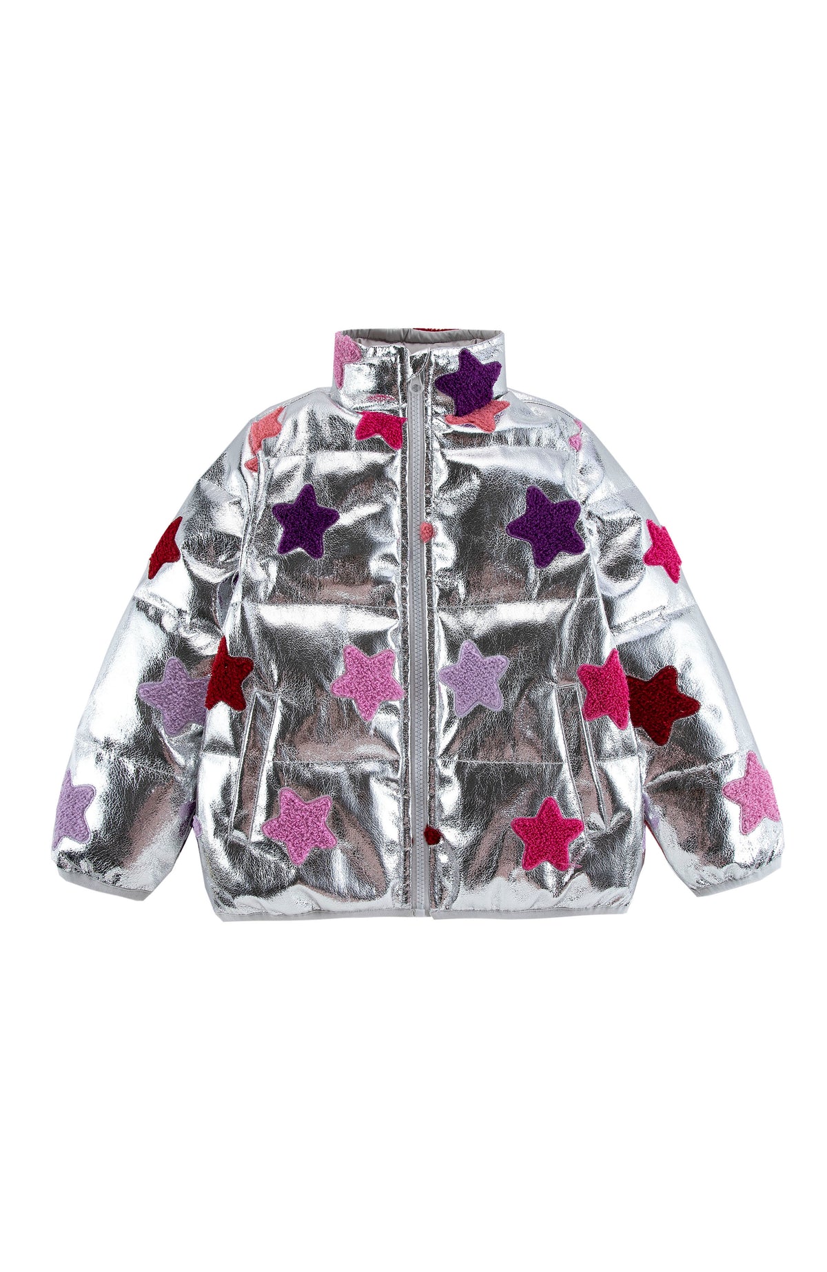 Reese Metallic Patch Puffer Jacket, Silver Stars
