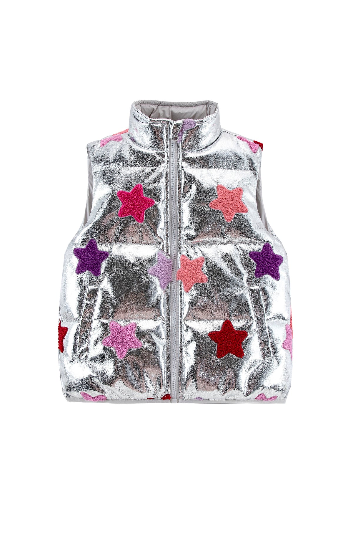 Remy Metallic Patch Puffer Vest, Silver Stars