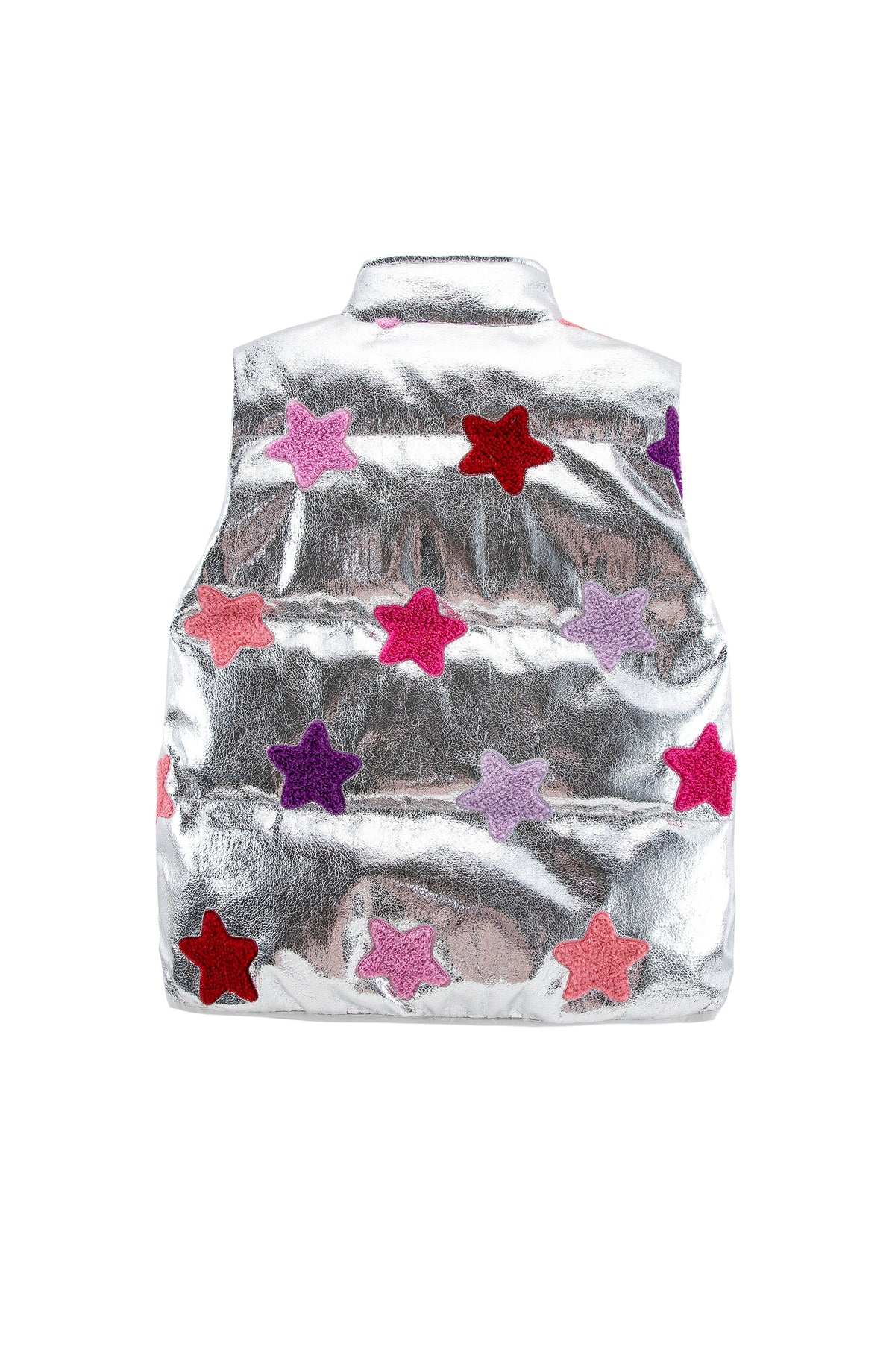 Remy Metallic Patch Puffer Vest, Silver Stars