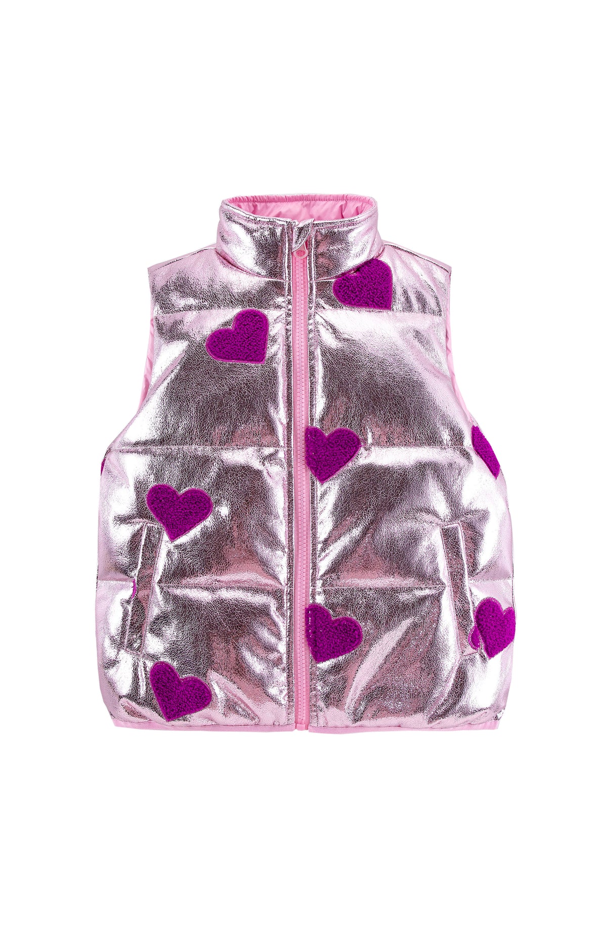 Remy Metallic Patch Puffer Vest, Pink Hearts