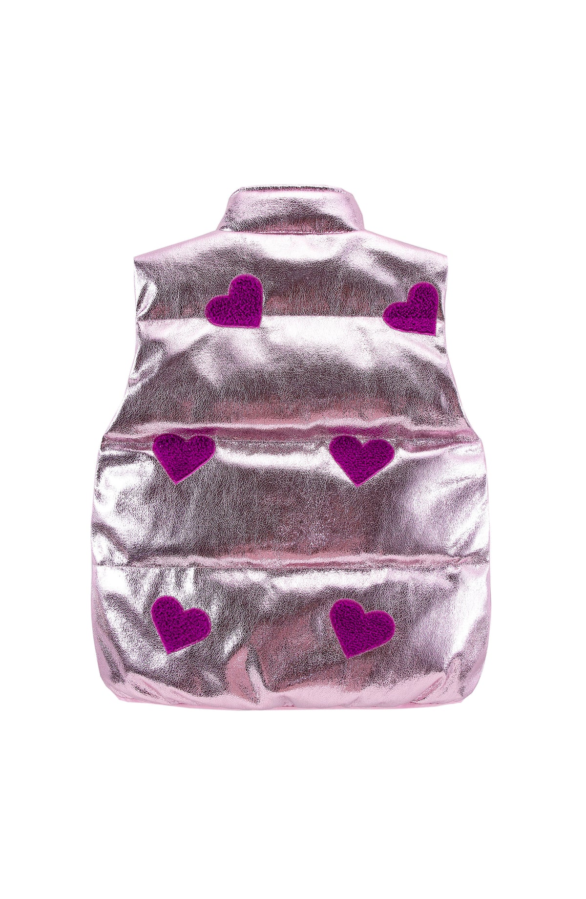 Remy Metallic Patch Puffer Vest, Pink Hearts