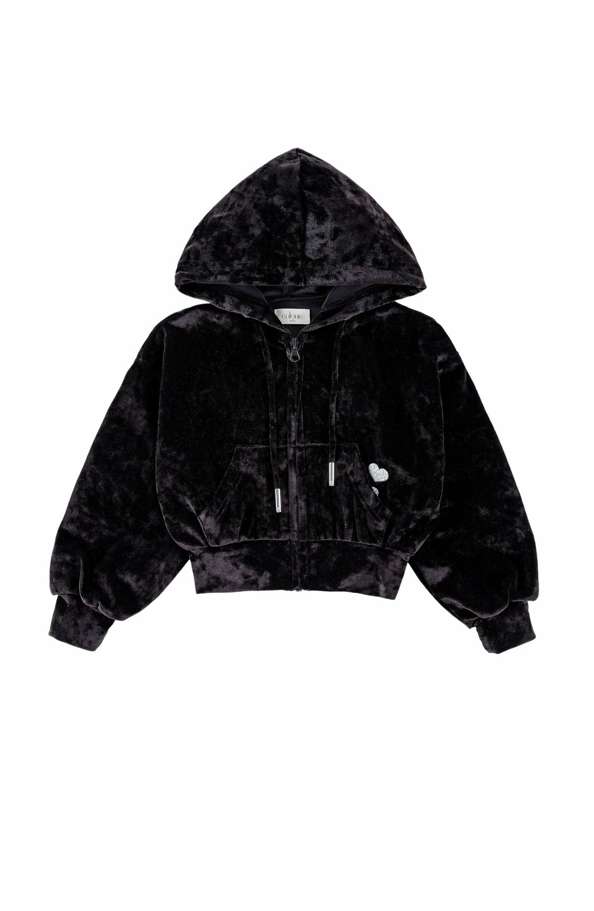 Velvet Zip Hoodie with Embroidered Hearts, Black