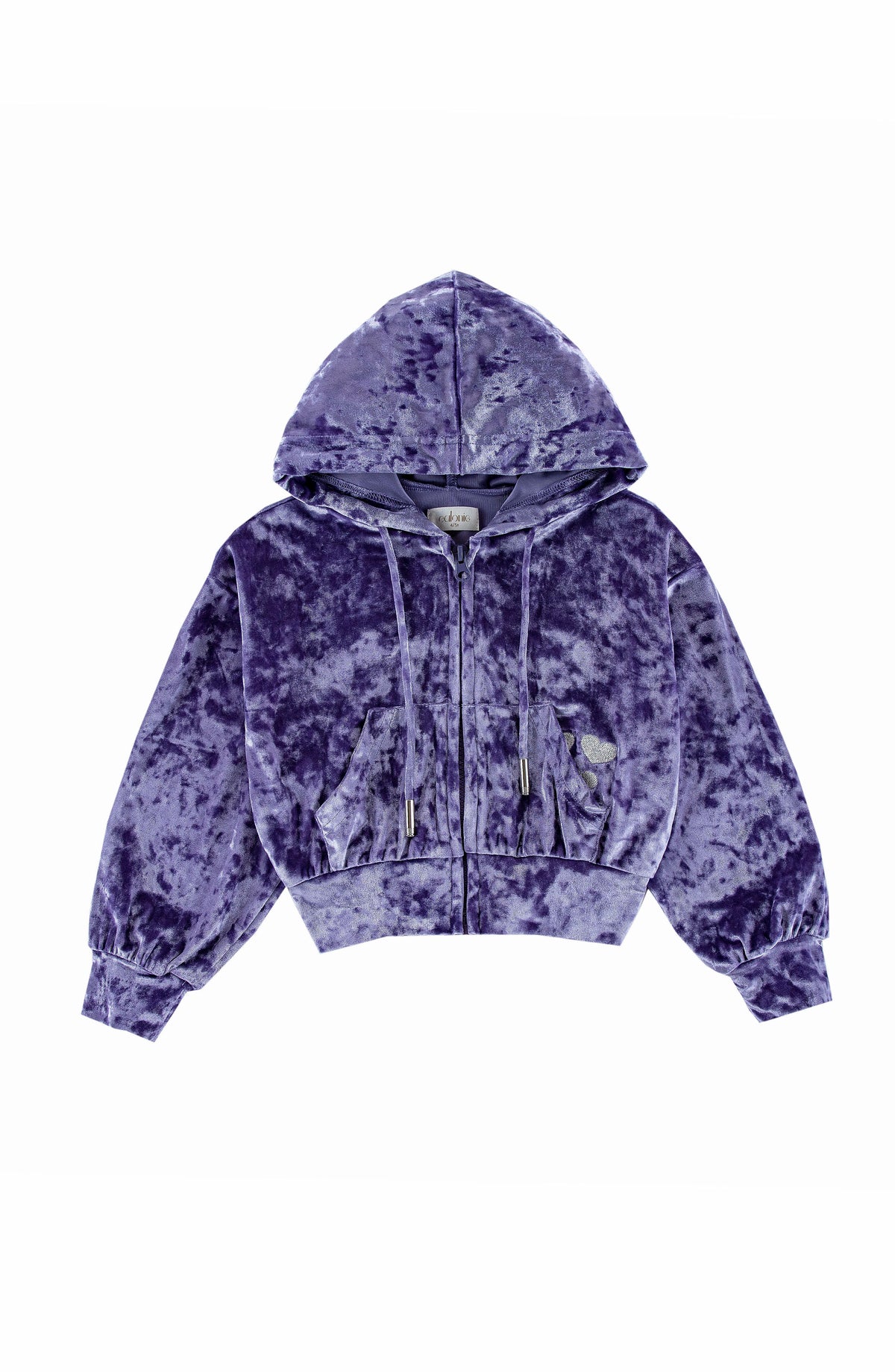 Velvet Zip Hoodie with Embroidered Hearts, Purple