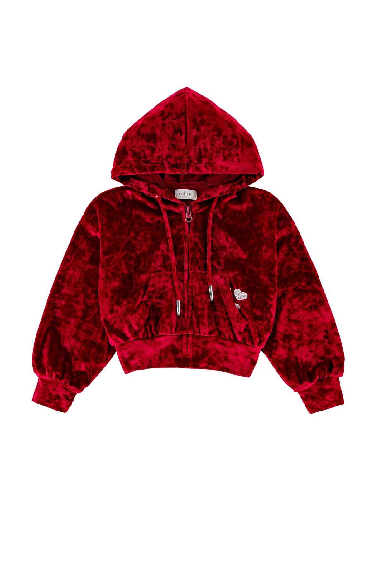 Velvet Zip Hoodie with Embroidered Hearts, Red
