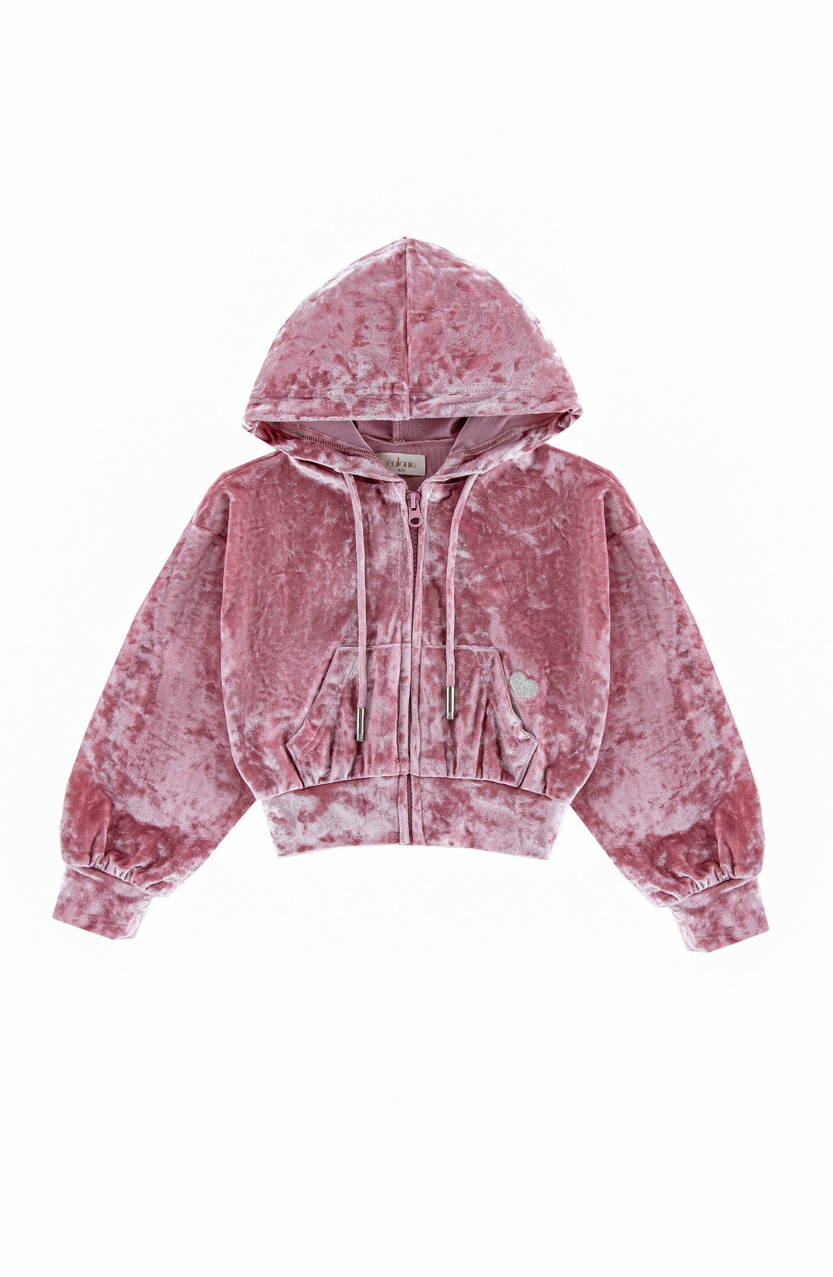 Velvet Zip Hoodie with Embroidered Hearts, Rose Pink